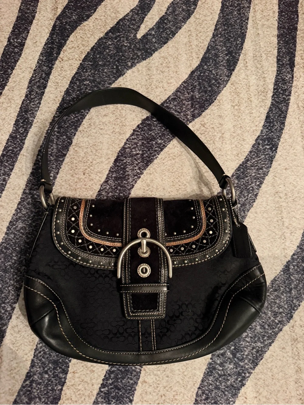Vintage Coach Y2K Soho Shoulder Bag Buckle Studded Black Monogram Purse F11517